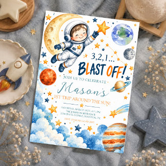 Space Astronaut First Birthday Boy Invitation
