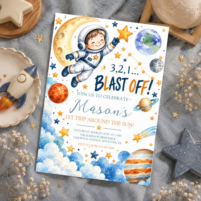 Space Astronaut First Birthday Boy Invitation (Creator Uploaded)