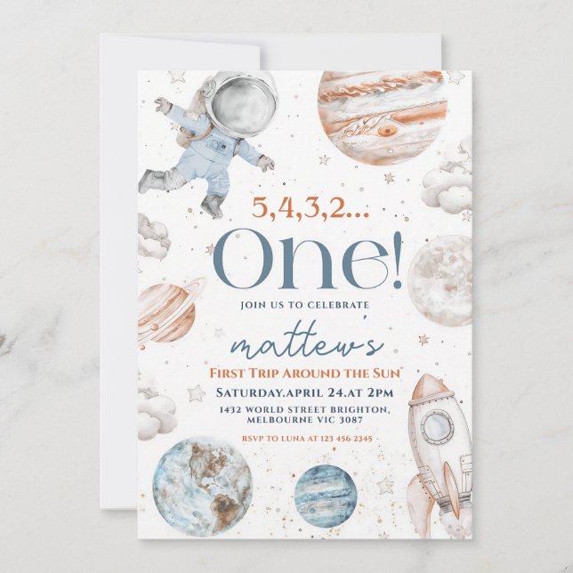 Space Astronaut First Birthday Party Invitation (Front)