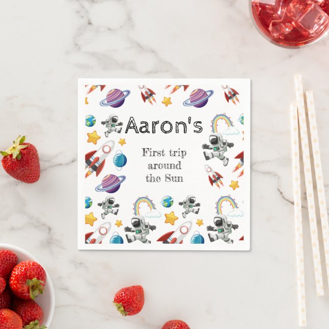 Space Astronaut First Birthday Party Invitation Napkin (Insitu)