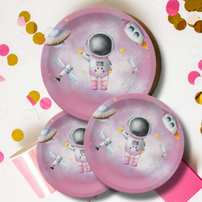 Space Astronaut Girl pink rocket stars Baby Shower Paper Plate (Creator Uploaded)