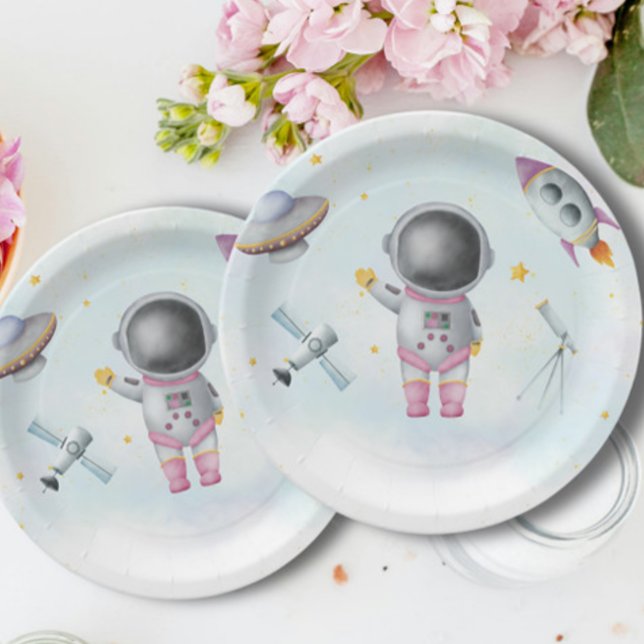Space Astronaut Girl pink rocket stars Baby Shower Paper Plate (Creator Uploaded)