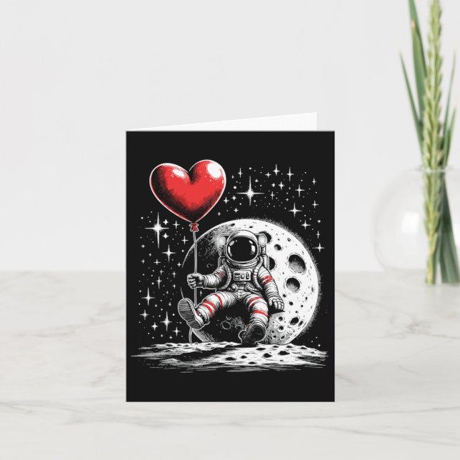 Space Astronaut Heart Lloon Valentine's Day Valent Card (Front)