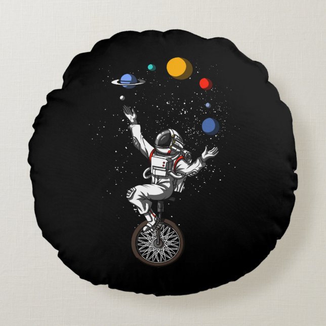 Space Astronaut Juggling Planets Cosmic Astronomy Round Cushion (Front)