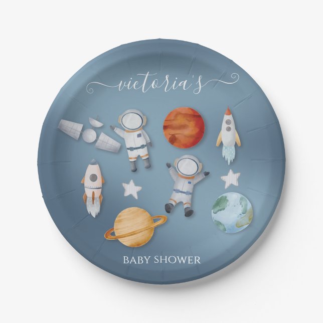 Space Astronaut Mobile Baby Shower Paper Plate (Front)