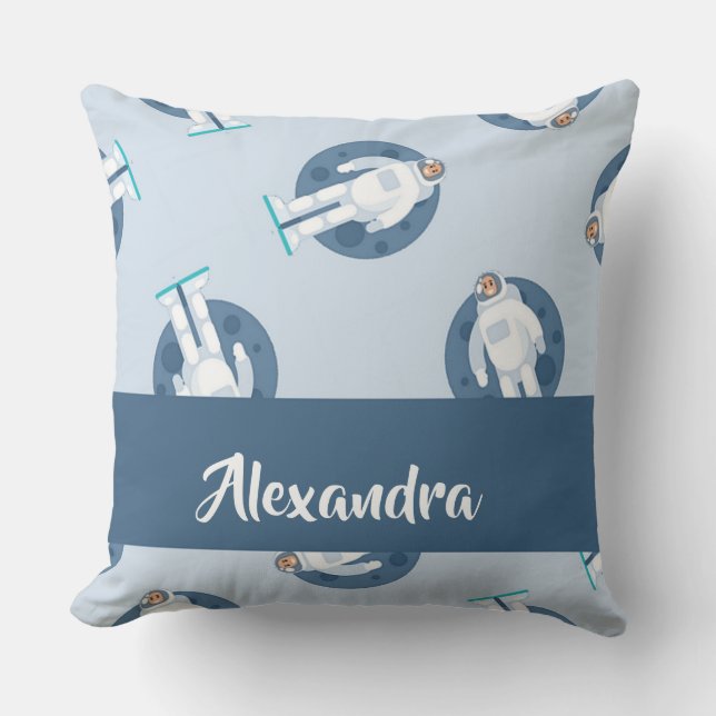 Space astronaut on blue pattern cushion (Front)