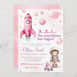 Space Astronaut Rocket Planets Girl Baby Shower Invitation