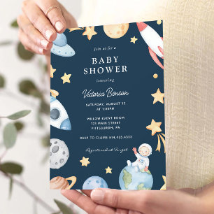 Space Astronaut Watercolor Boy Baby Shower Invitation