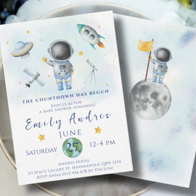 Space Baby Shower Astronaut Boy rockets star Party Invitation (Creator Uploaded)