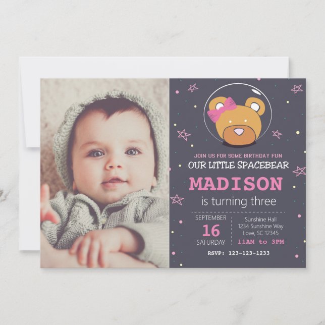 Space Bear Pink Birthday Invitation with photo (Front)