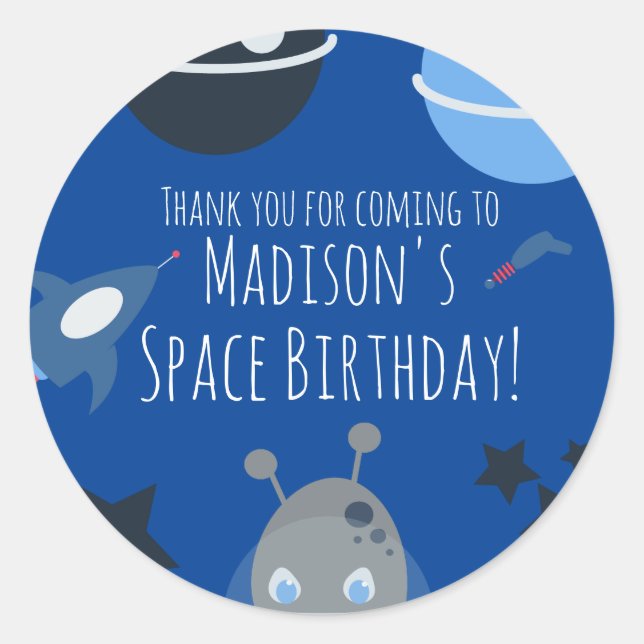 Space Birthday  Alien Themed Blue Grey   Classic R Round Sticker (Front)