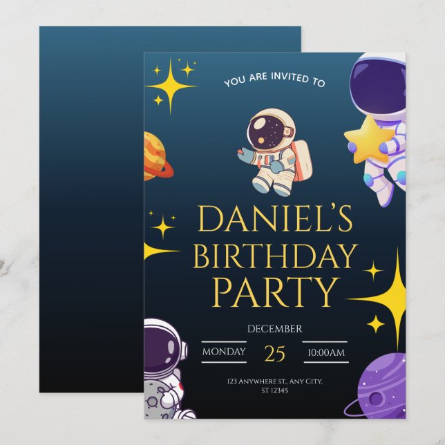 Space Birthday Invitation for Kids, (Front/Back)