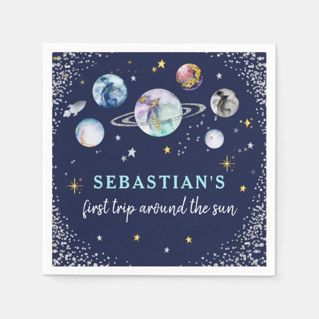 Space Birthday Party  First Trip Around The Sun Napkin (Front)