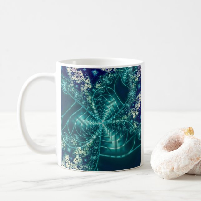 Space | Blue and White Fractal Art Coffee Mug (With Donut)