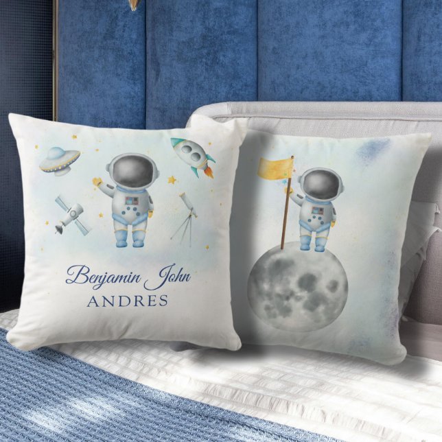 Space Boy Gold Galaxy Moon Stars rocket UFO Throw  Cushion (Creator Uploaded)