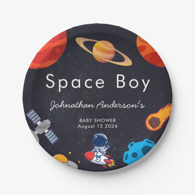Space Boy Planets Cute Astronaut Baby Shower Paper Plate (Front)