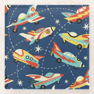 Space Cars: Vintage Dark Blue. Glass Coaster