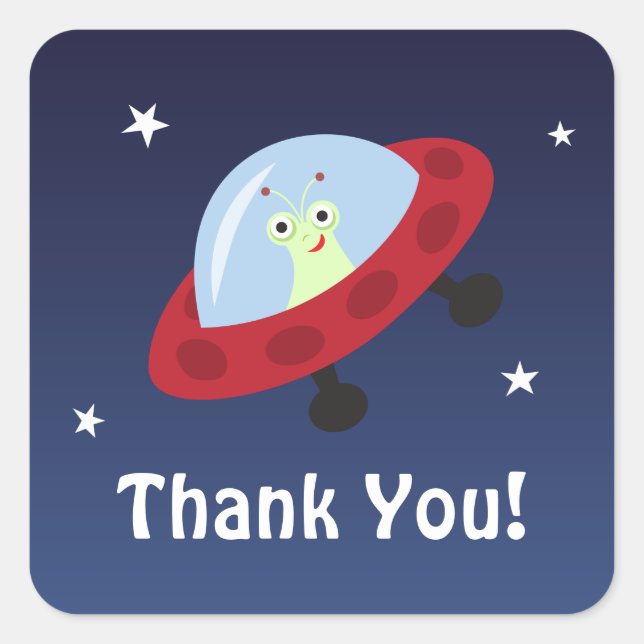 Space cartoon thank you stickers with cute alien (Front)