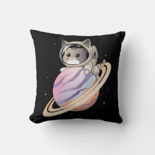 Space Cat Astronaut with Planet Saturn Cushion