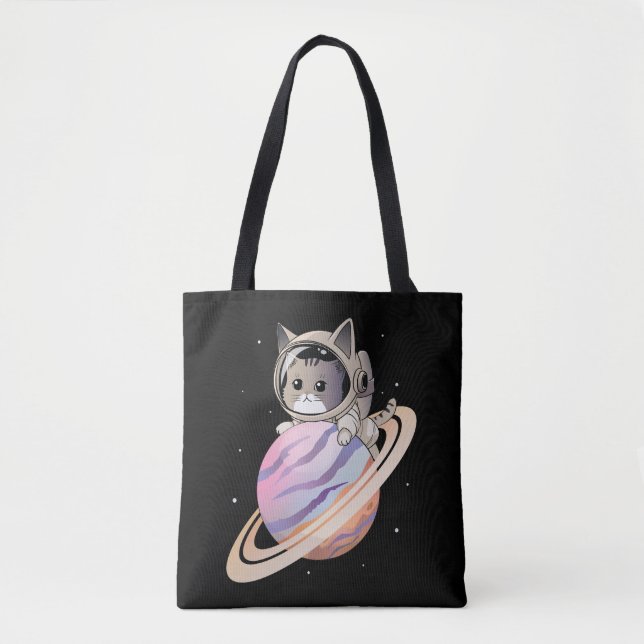 Space Cat Astronaut with Planet Saturn Tote Bag (Front)