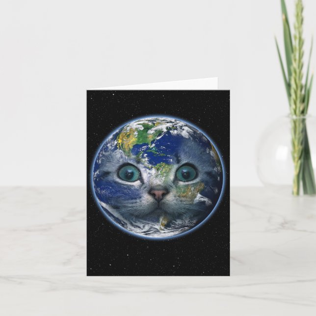 Space Cat Earth Blank Greeting Card (Front)