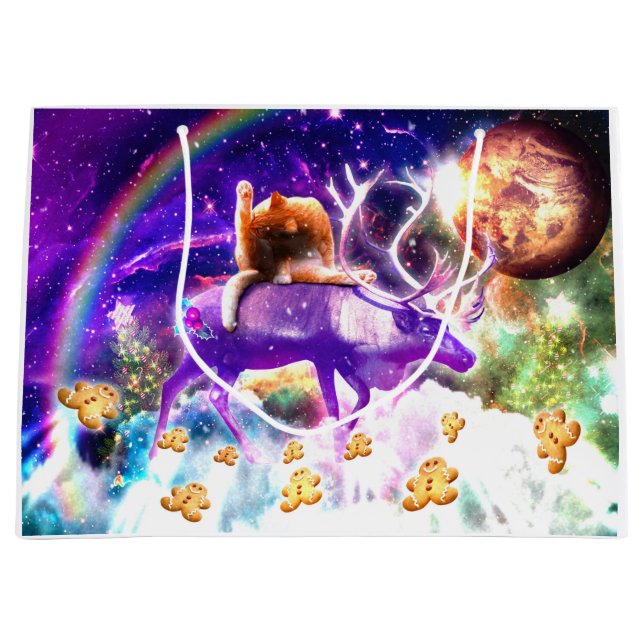 Space cat licking itself large gift bag (Front)