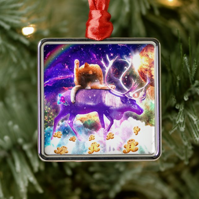 Space cat licking itself metal tree decoration (Tree)