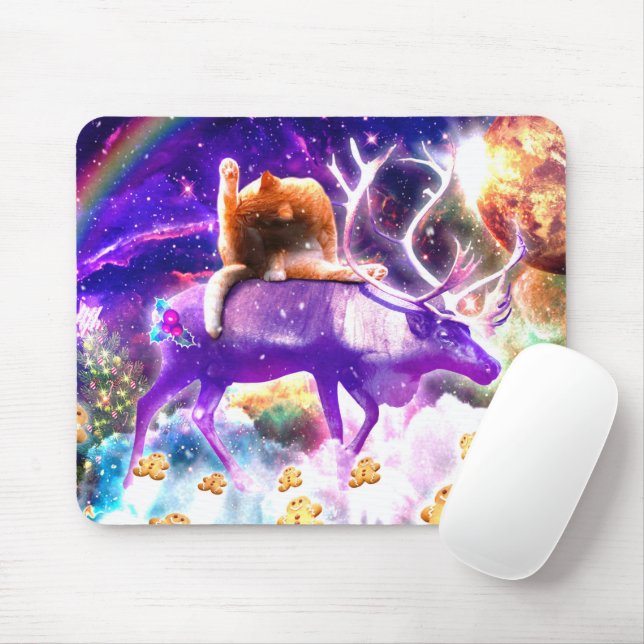 Space cat licking itself mouse pad (With Mouse)