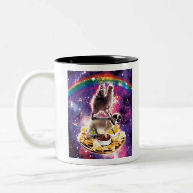 Space Cat Llama Pug Riding Nachos Two-Tone Coffee Mug (Left)