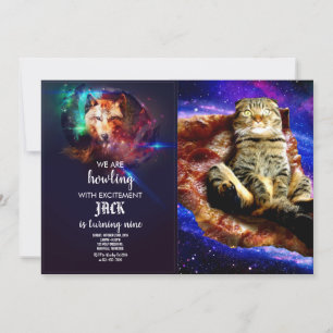 Space cat lying on a pizza invitation