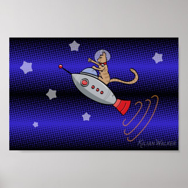 Space Cat on a Retro Rocketship Poster (Front)