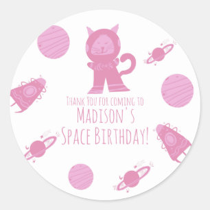 Space Cat Pink Galaxy Birthday  Classic Round Sticker