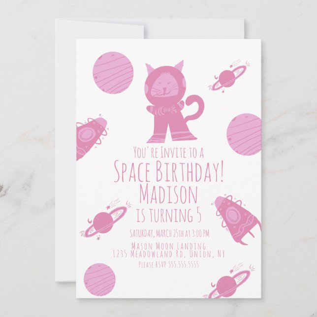 Space Cat Pink Galaxy Birthday  Invitation (Front)