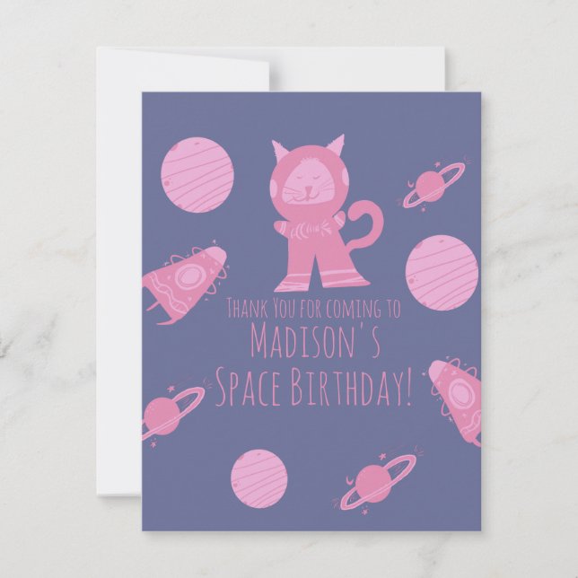Space Cat Pink Galaxy Birthday  Thank You RSVP Card (Front)