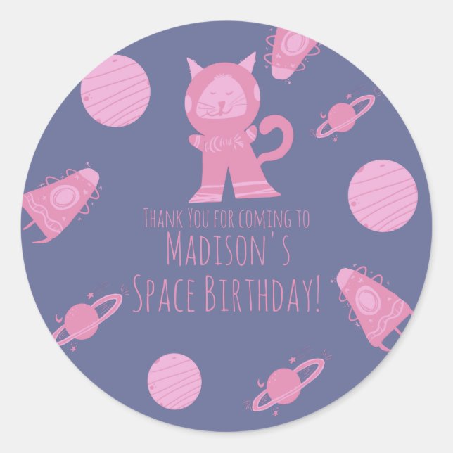 Space Cat Pink Purple Galaxy Birthday  Classic Round Sticker (Front)