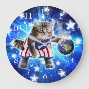 Space cat playing basketball large clock