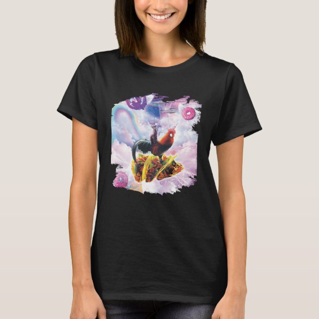 Space Cat Riding Chicken Unicorn  Taco & Doughnut T-Shirt (Front)