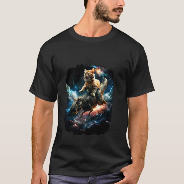 Space Cat Riding Dinosaur T Rex 2 T-Shirt (Front)