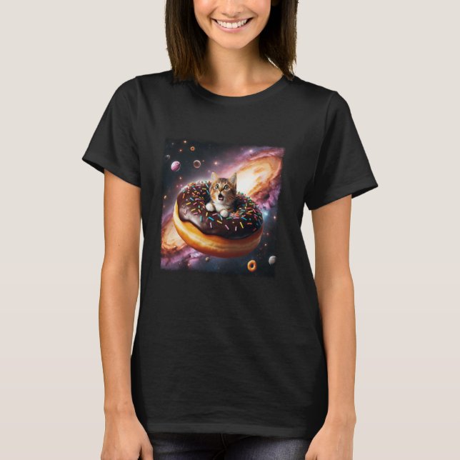 Space Cat Riding Doughnut Funny Doughnut Sweet For T-Shirt (Front)