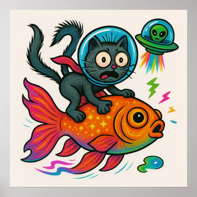 Space Cat Riding Fish Poster (Front)