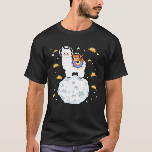 Space Cat Riding Llama Tacos T-Shirt (Front)