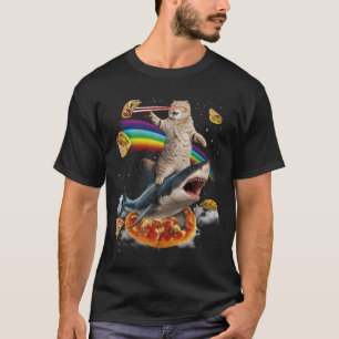 Space Cat Riding Shark Pizza Taco Rainbow Laser Ey T-Shirt