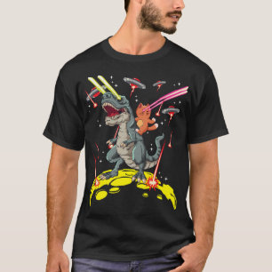 Space Cat Riding T-Rex Laser Eyes Alien Invasion T-Shirt