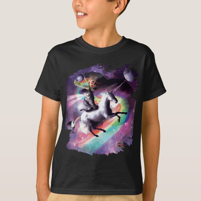 Space Cat Riding Unicorn - Laser, Tacos And Rainbo T-Shirt (Front)