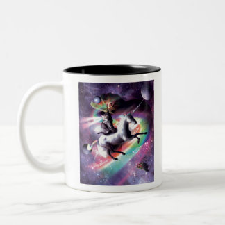 Space Cat Riding Unicorn - Laser, Tacos, Rainbow Two-Tone Coffee Mug
