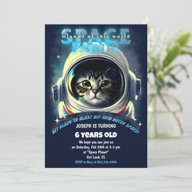 Space Cat Theme Birthday Party Invitation (Standing Front)
