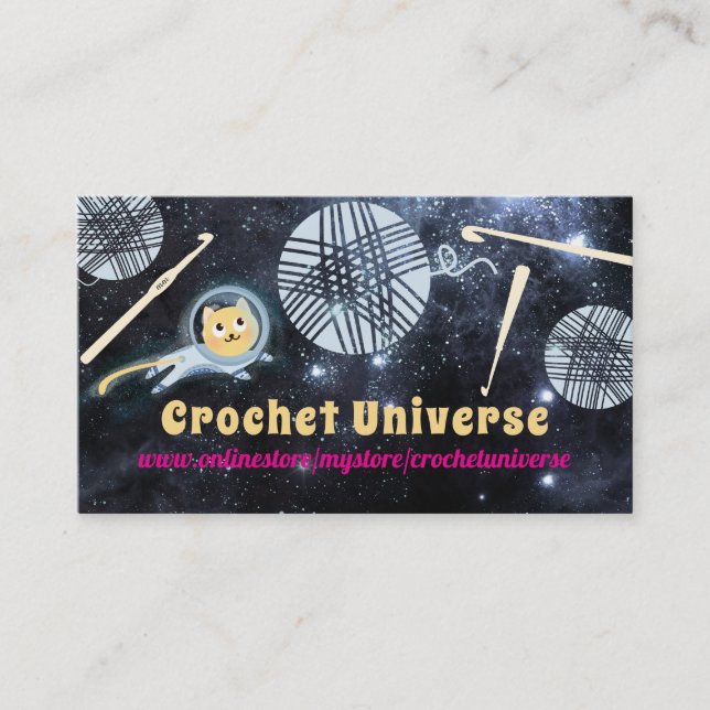 Space cat universe yarn crochet hooks business card (Front)