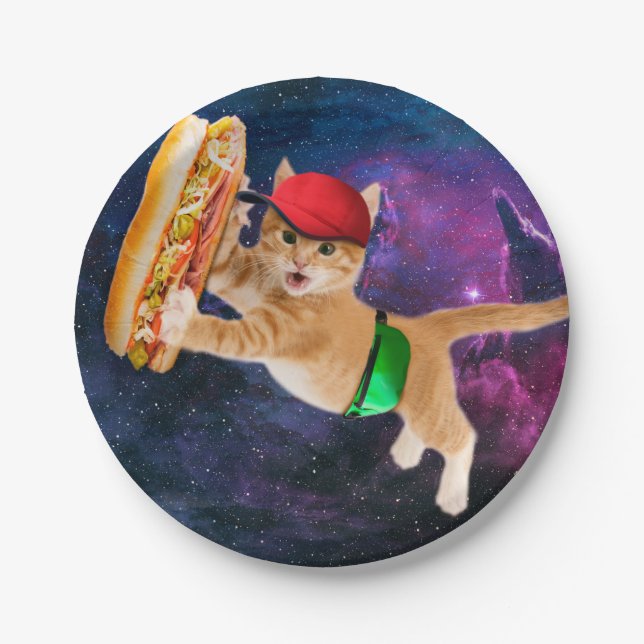 Space cat with caps and fanny pack paper plate (Front)