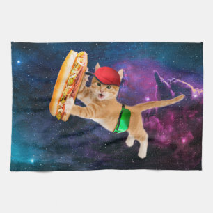 Space cat with caps and fanny pack tea towel