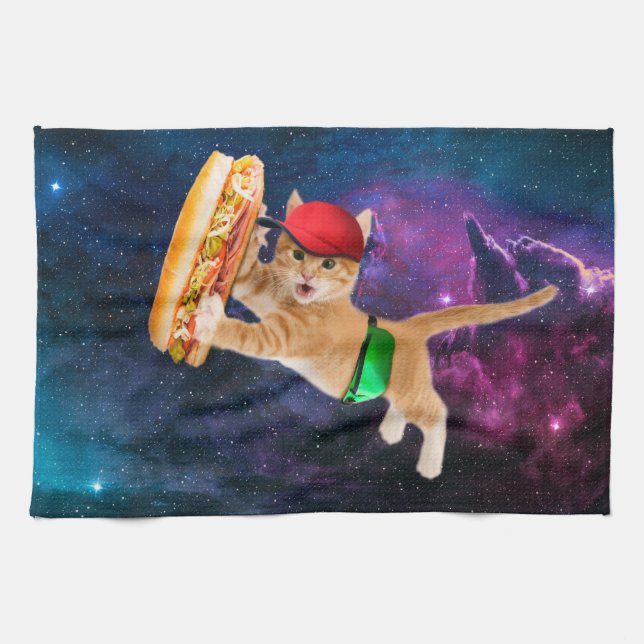 Space cat with caps and fanny pack tea towel (Horizontal)